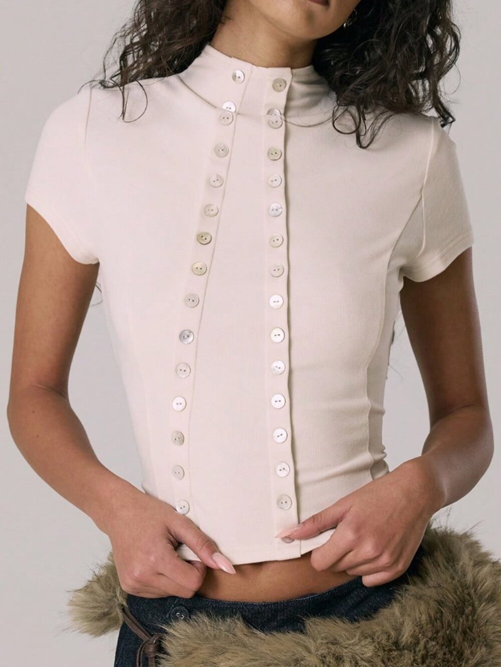 Cream Casual Women's Cute Cosy Funnel Neck Asymmetric Double Button Fitted Top